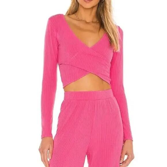 L*Space NWT Gia V-Neck Wrap Front Long Sleeve Crop Top Pink XS, S & M MSRP $99 - Picture 1 of 5